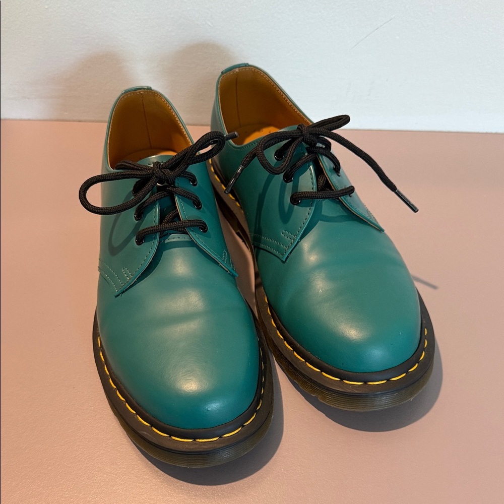 Dr. Martens Teal Lace-Up Shoes with Yellow Stitching